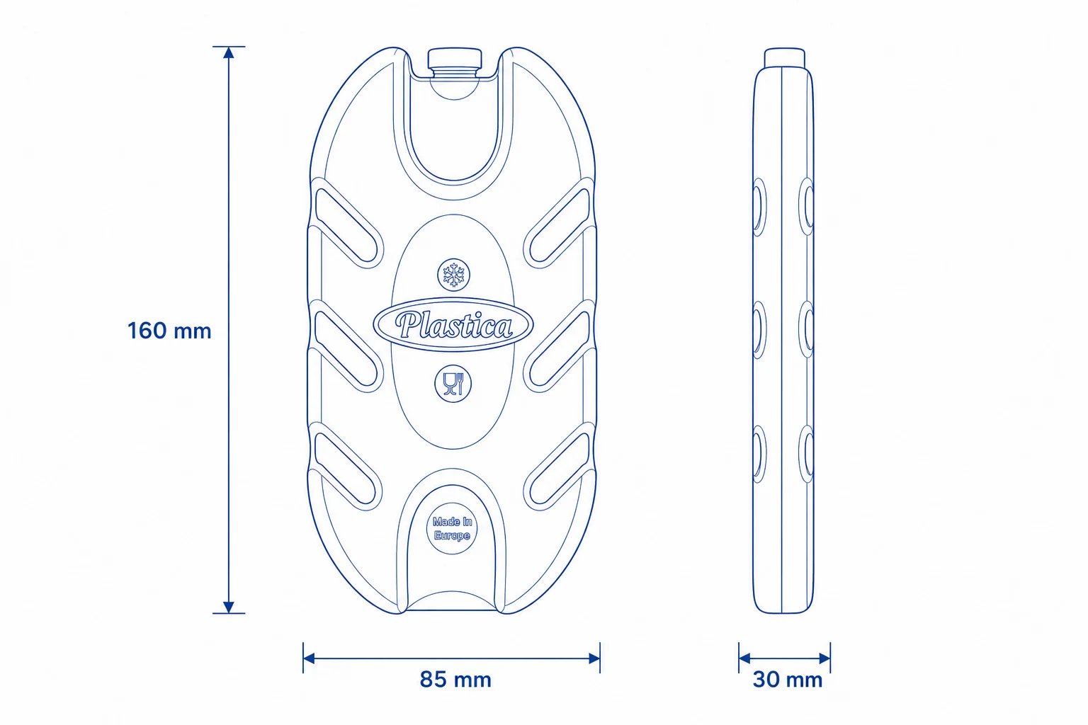Technical drawing dimensions Oval Gel 200 g: 160 × 85 × 30 mm